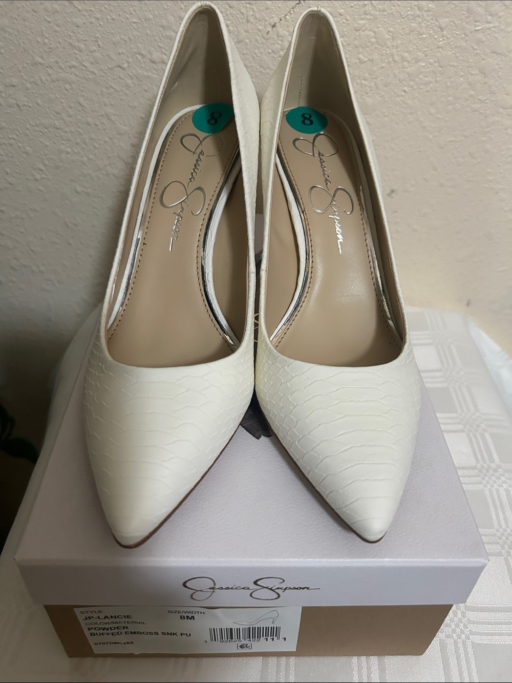Jessica Simpson Cream Snake-Embossed Pointed-Toe Pumps